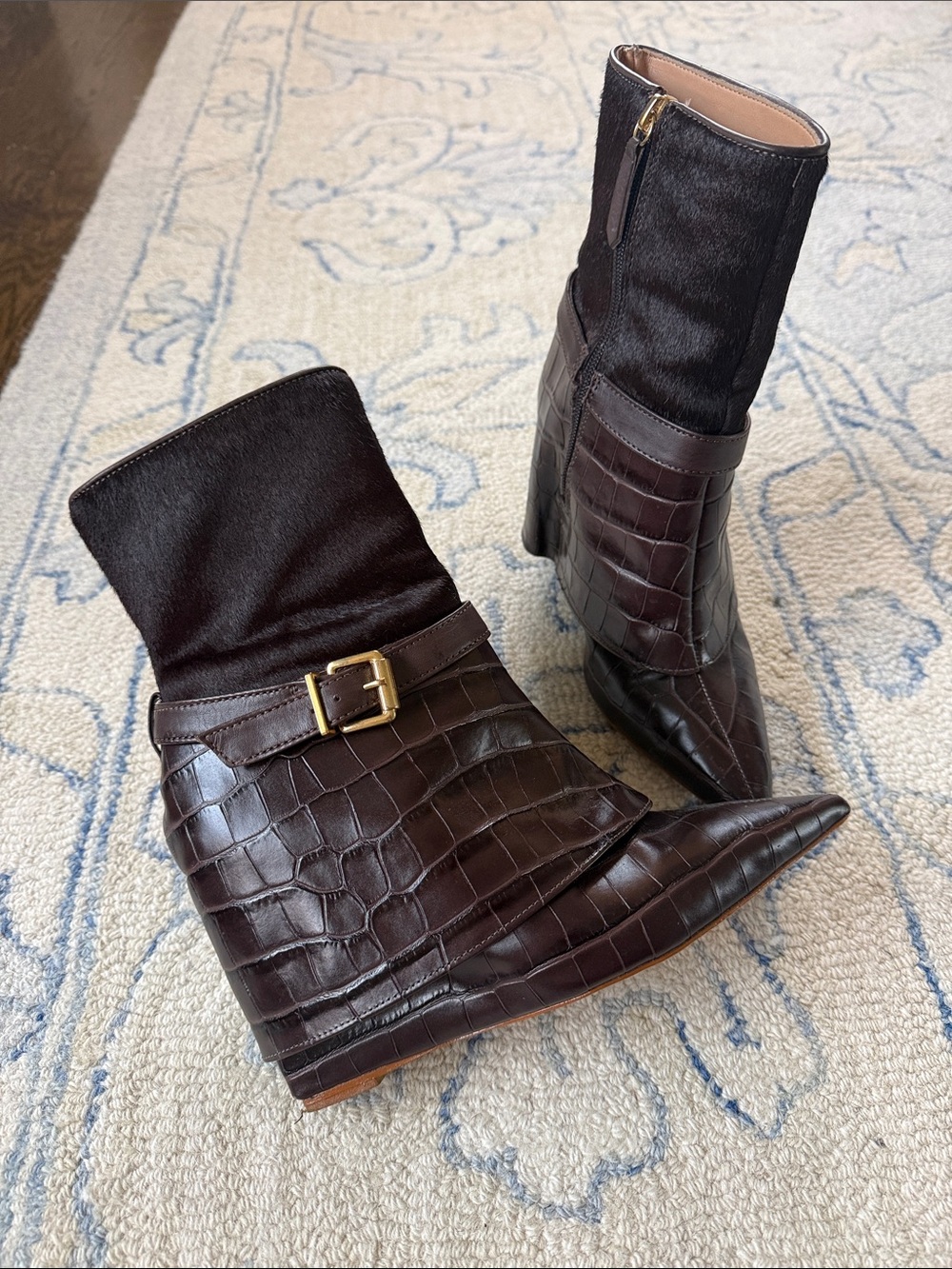 SCHUTZ Dark Brown Croc-Embossed Pointed Toe Ankle Boots with Gold Buckle - Picture 2 of 7